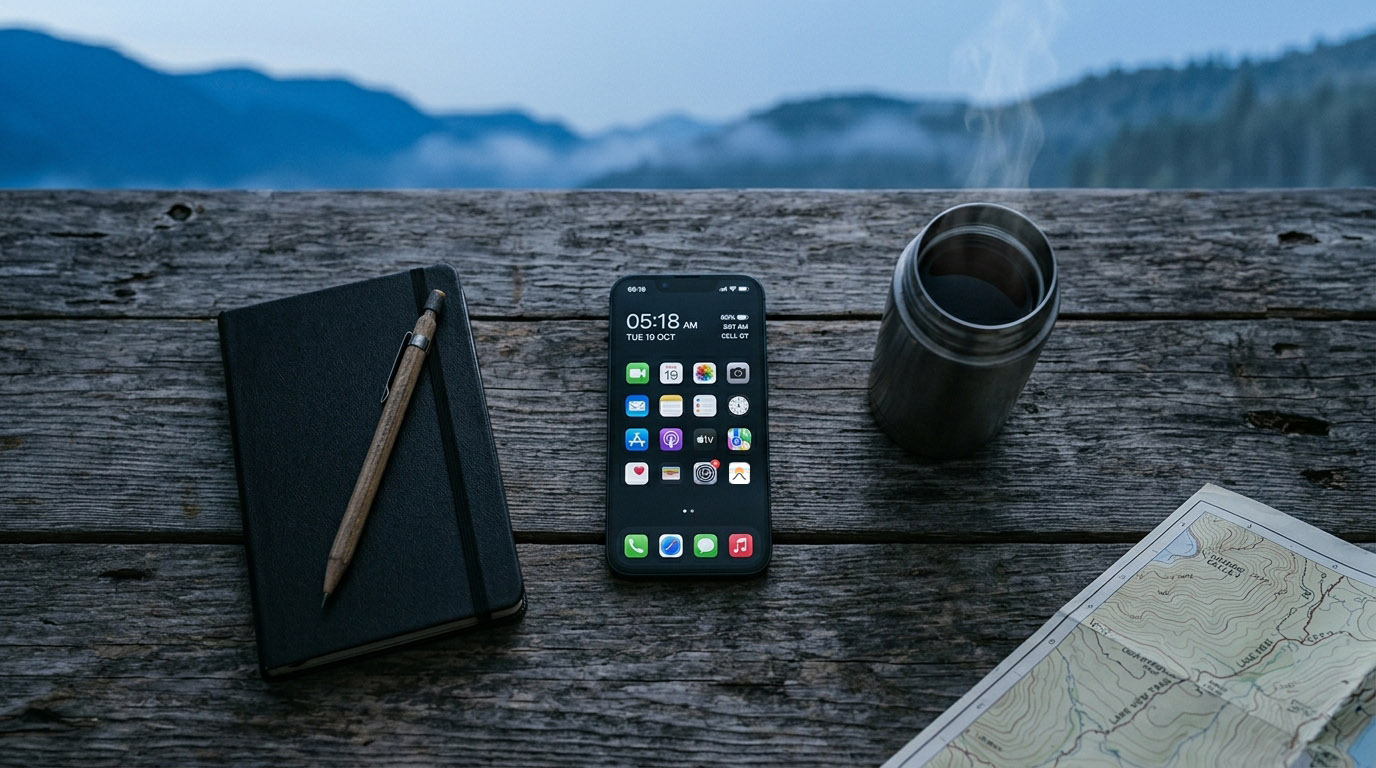 A landscape photographer's iPhone home screen at golden hour, showing weather and planning apps