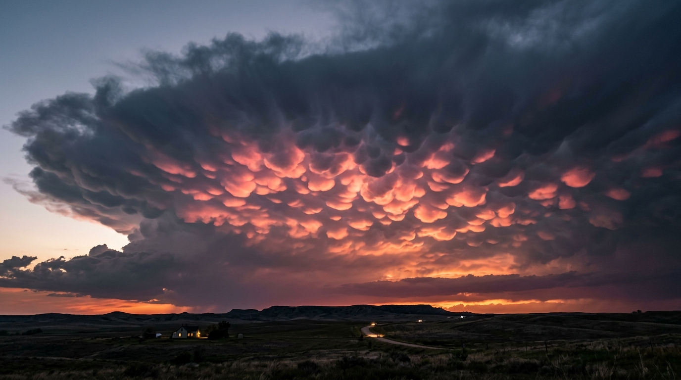 Mammatus clouds glowing pink and orange under a thunderstorm anvil at sunset, with a landscape silhouette in the foreground