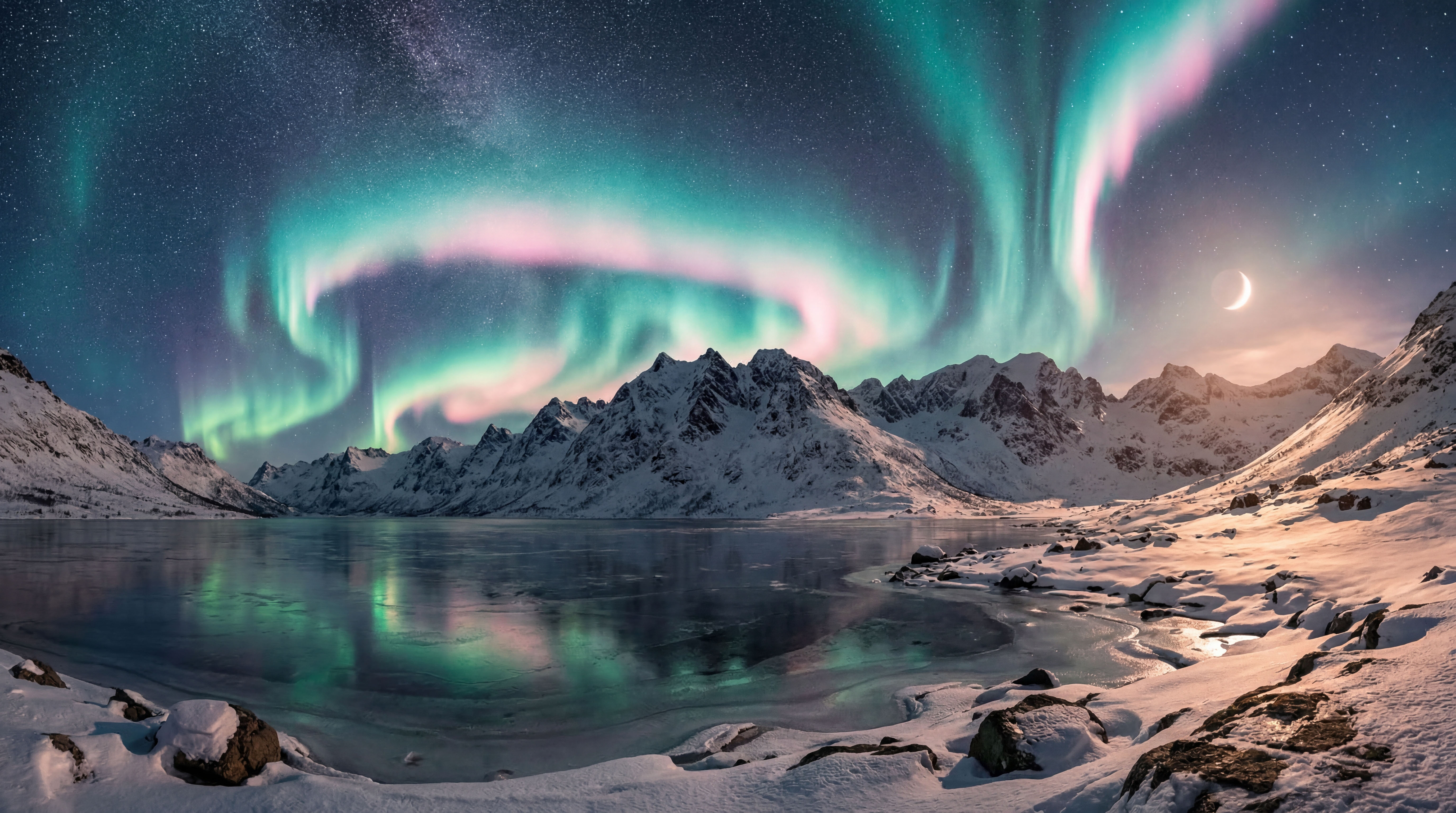 Northern lights dancing in teal and pink over snow-capped mountains reflected in a frozen lake