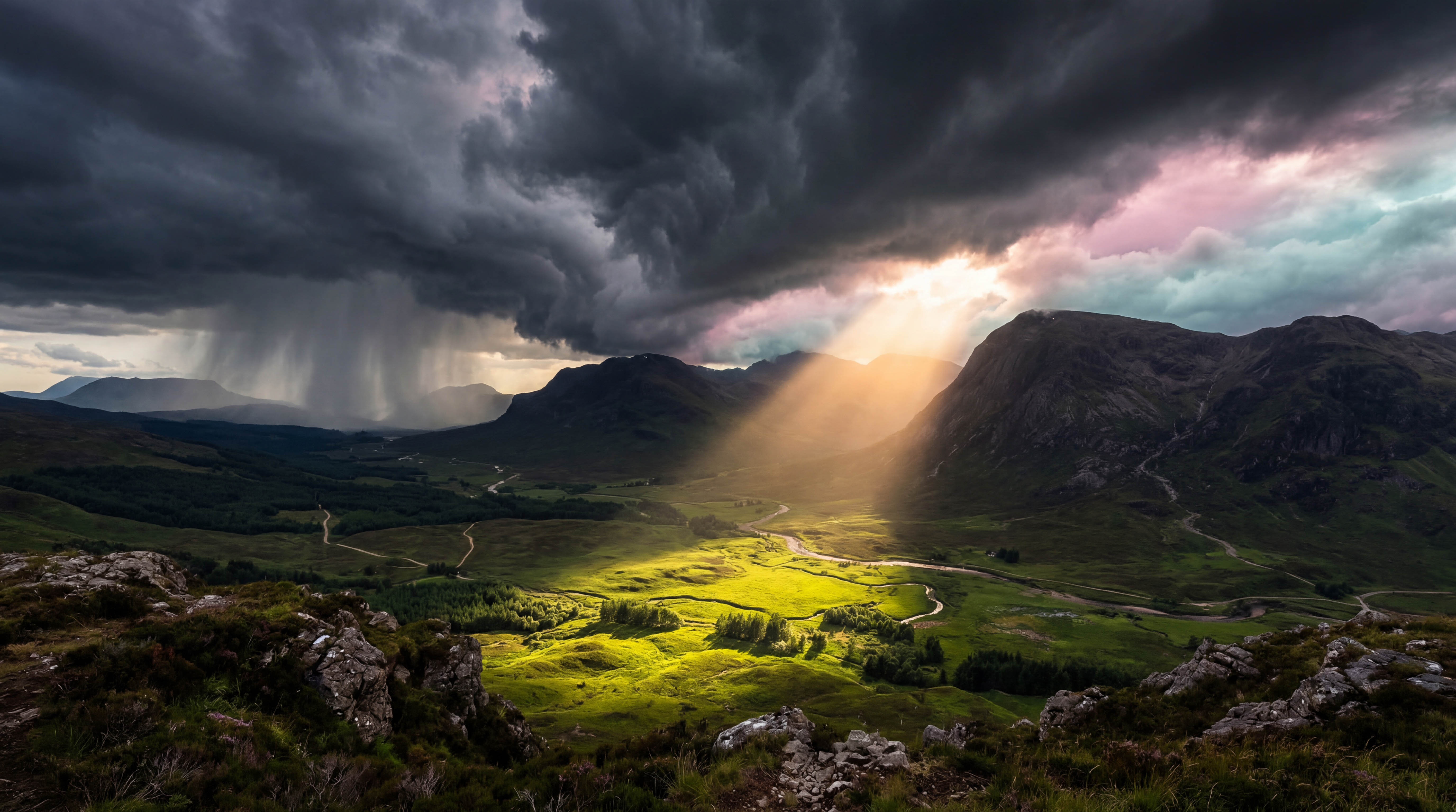 Dramatic beam of golden light breaking through storm clouds over a mountain valley