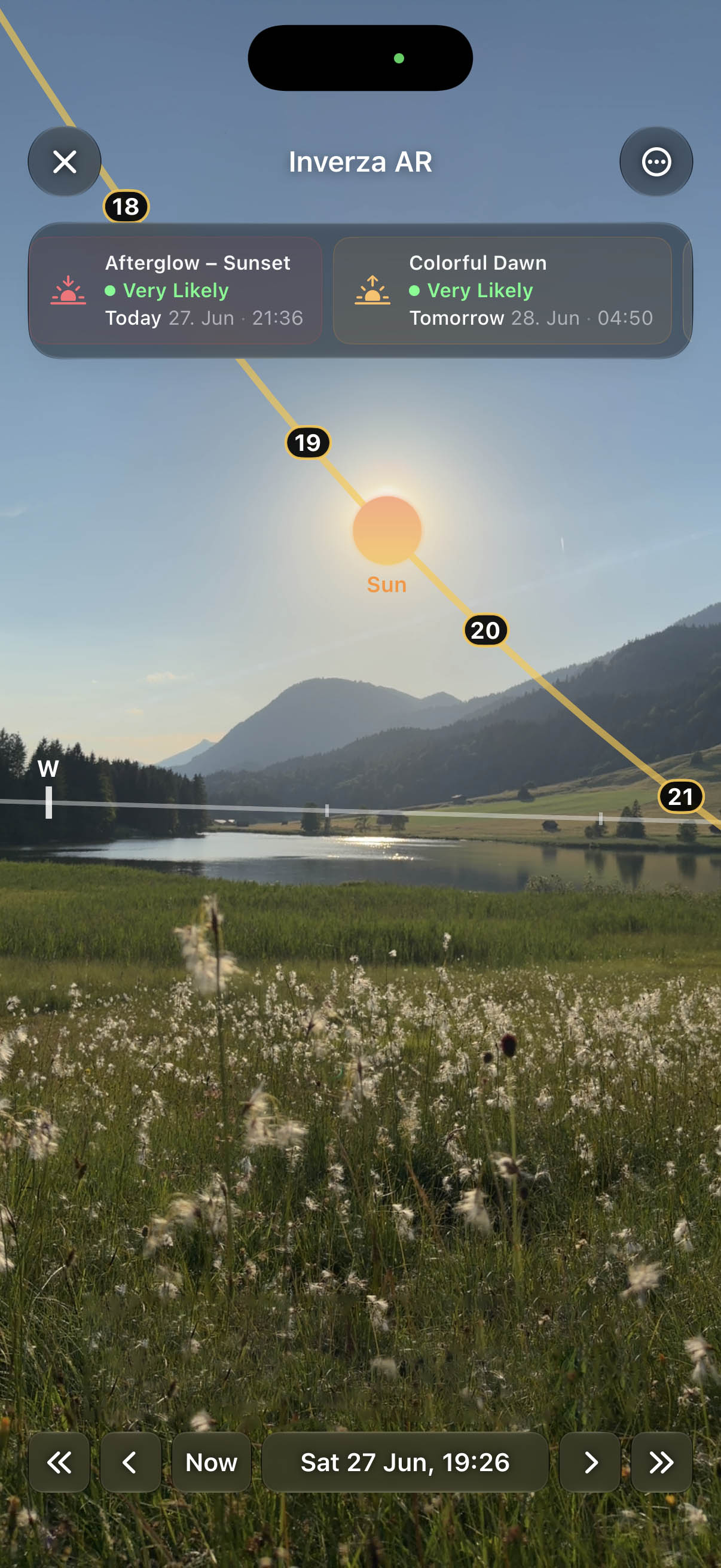 Inverza photography weather app - AR Sky view with sun, moon, and Milky Way paths on the live camera