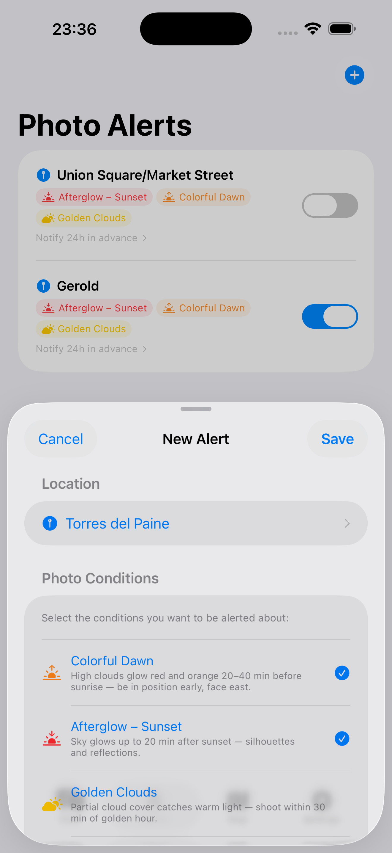 Photo condition alerts for afterglow, golden clouds, fog, and aurora
