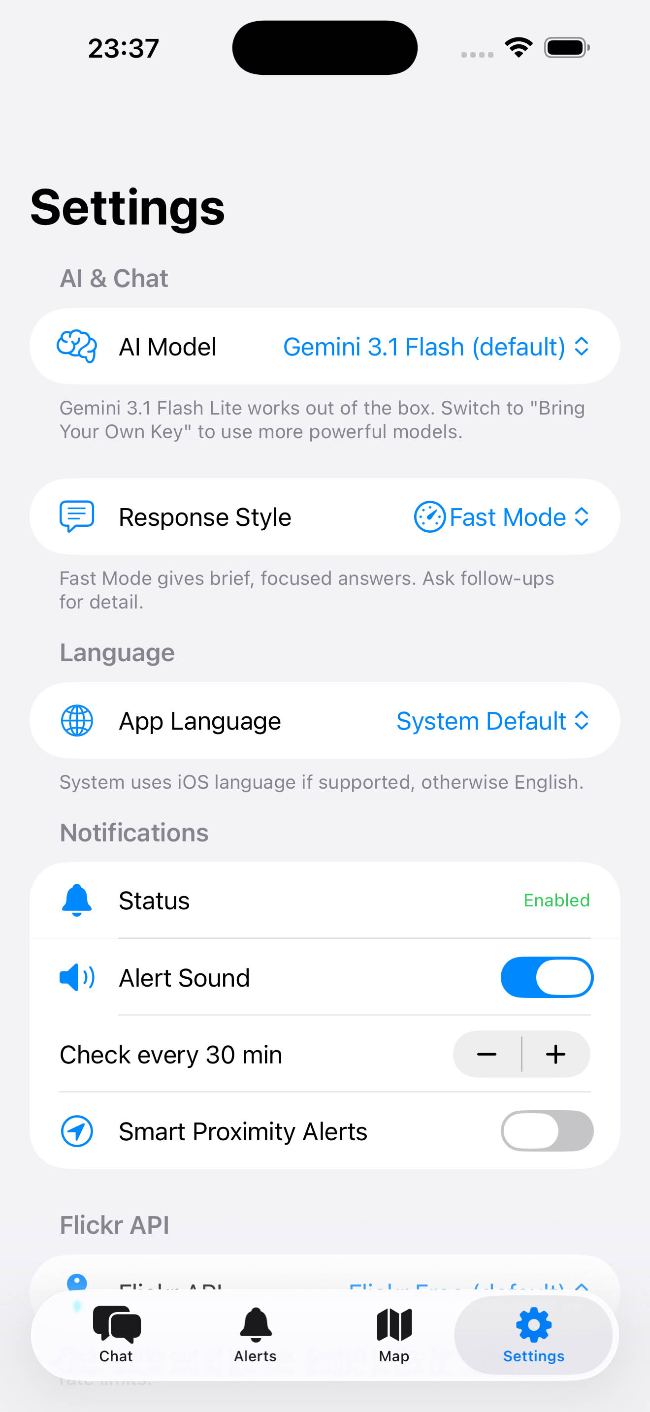 Inverza photography weather app - settings