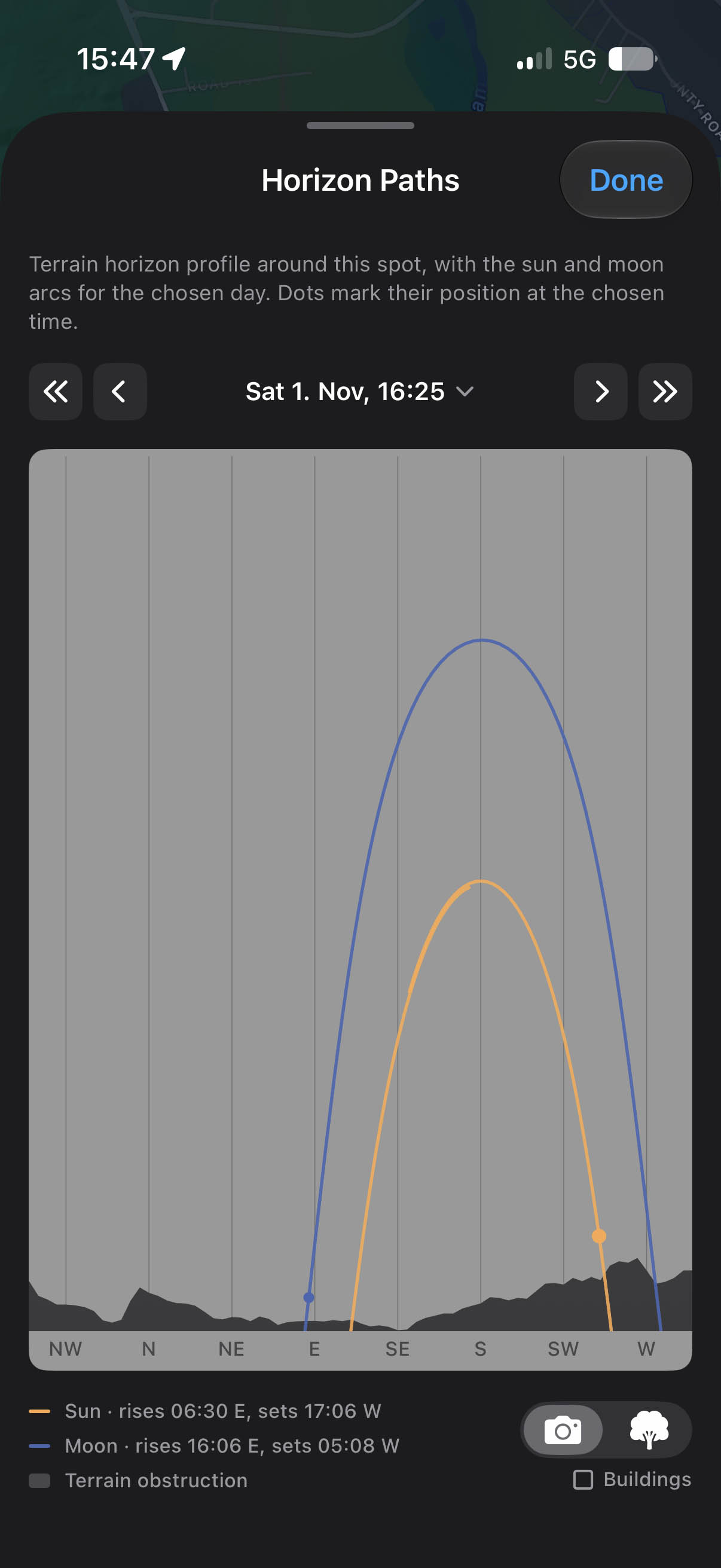 Inverza photography weather app - Horizon Paths terrain horizon chart with sun and moon arcs