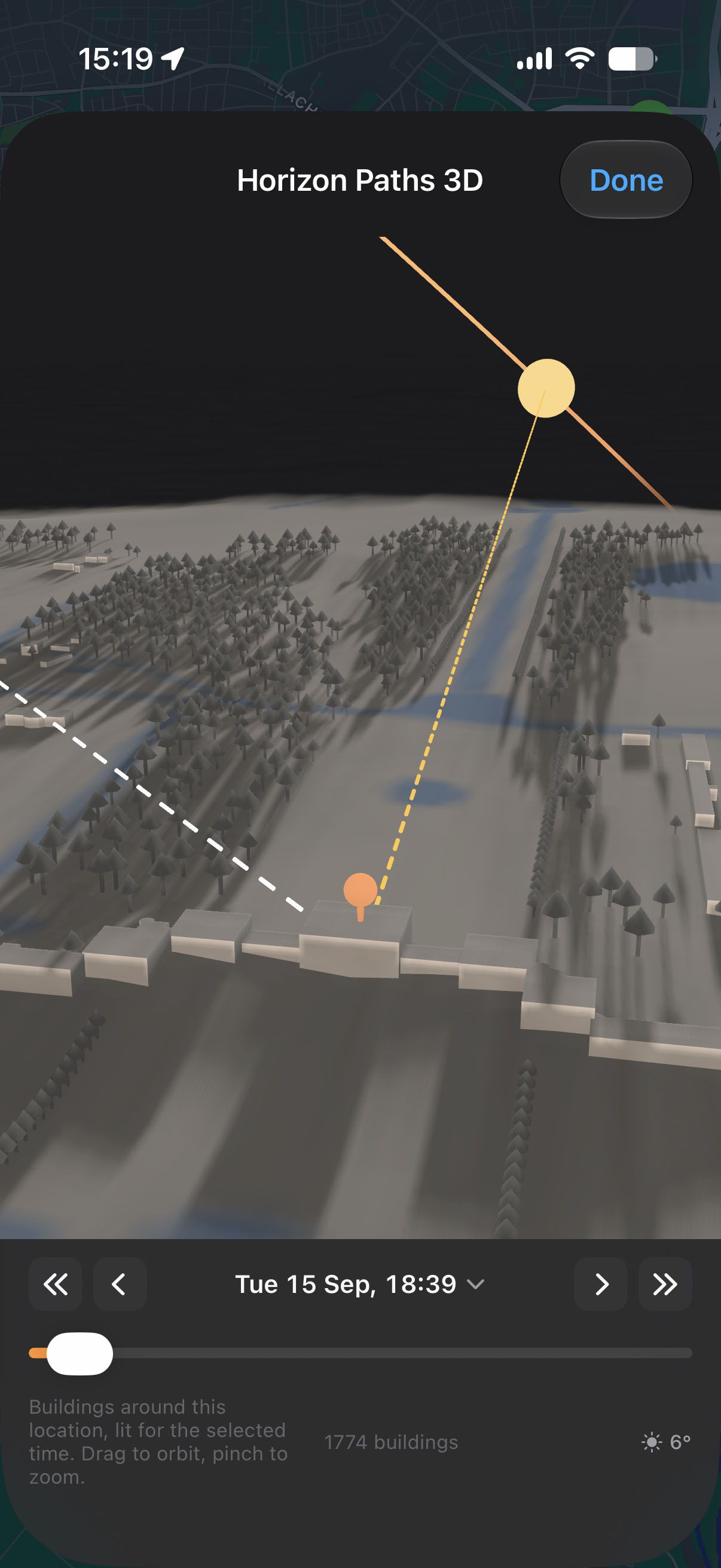 Horizon Paths 3D diorama with terrain, buildings, and the sun path